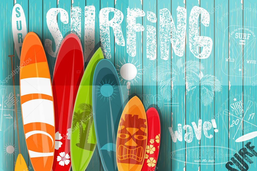 Surfing Poster in Vintage Style for Surf Club or Shop. Surfboards with Different Designs and Sizes on Blue Wooden Background. Vector Illustration.