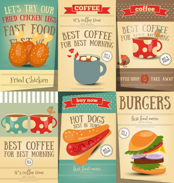 Fast Food e conjunto de cartazes de café —  Vetores de Stock