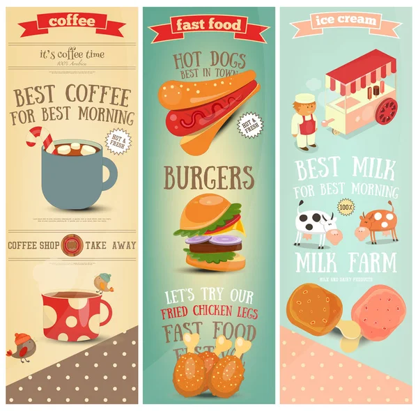 Caffè, Fast Food, Bandiere gelato — Vettoriale Stock