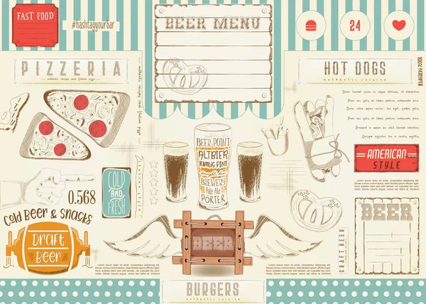 Cerveza y Comida Rápida Mantel — Vector de stock