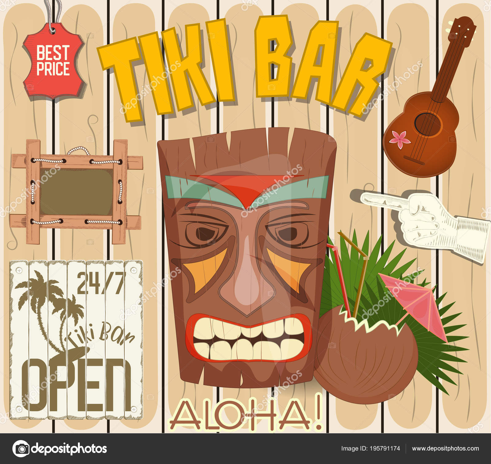 Tiki Bar Poster Vintage Hawaiian Postcard Invitation Beach Party Vector