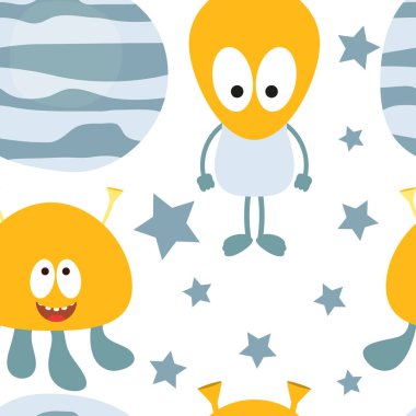 Komik Uzay Canavarları Kusursuz desenli çizgi film Tatlı Uzaylılar, Yıldızlar, Gezegenler. Vektör İllüstrasyonu. Duvar kağıdı, bebek kıyafetleri, ambalaj kağıdı. Desen eğimli ve kırpma maskesi içermez.