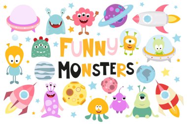 Komik Canavarlar Uzay Seti. Şirin Uzaylılar, Gezegenler, Roketler, UFO. Beyaz arka planda izole edilmiş. Vektör illüstrasyonu.