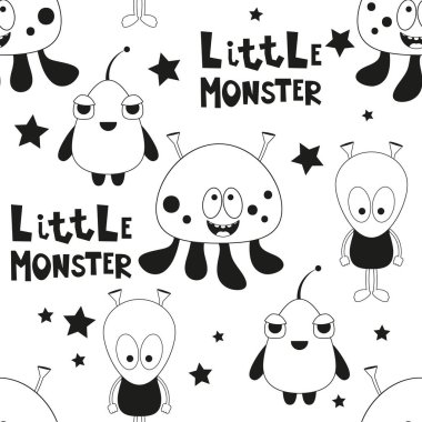 Komik Canavarlar, Kusursuz Çizgi Film Yaratıkları. Siyah ve Beyaz Uzay arka planı. Monokrom Vektör İllüstrasyonu. Duvar Kağıdı, Bebek Giysileri, Tebrik Kartı, Paket Kağıdı