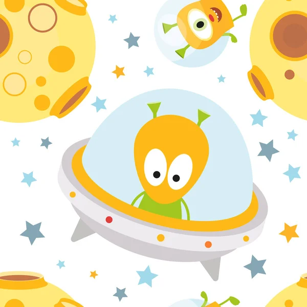 Funny Space Monsters Seamless Pattern Cartoon Cute Aliens Stars Ufo — Stock Vector
