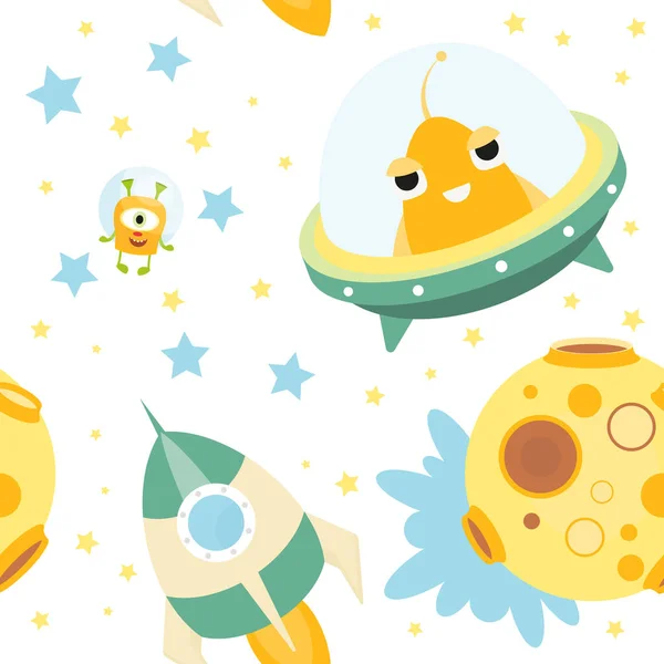 Funny Space Monsters Płynny Wzór Cartoon Cute Cudzoziemców Ufo Planet — Wektor stockowy