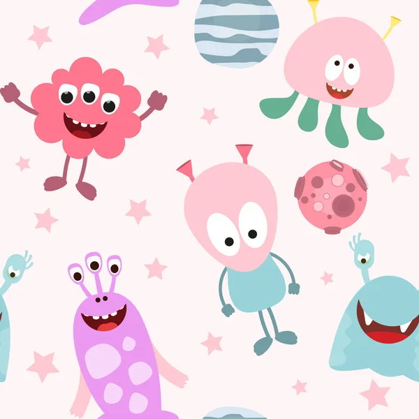 Funny Space Monsters Nahtloses Muster Cartoon Cute Aliens Planets Weltraum — Stockvektor