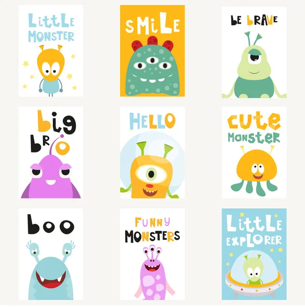 2010 Funny Space Monsters Posters Set Cartoon Aliens Galaxy Monsters — 스톡 벡터