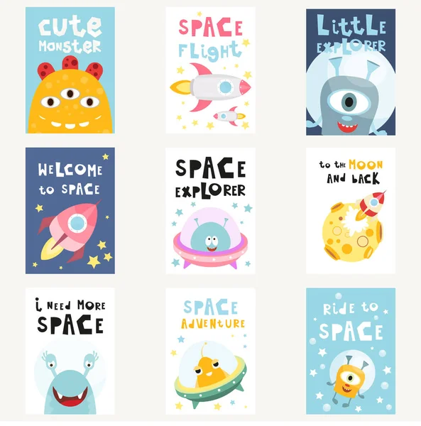 Space Posters Set Cartoon Aliens Galaxy Monsters Shuttles Rockets Spaceships — Stock Vector