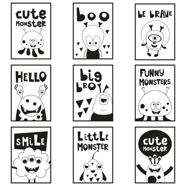 Cartoon Funny Monsters Monochrome Posters Set Kids Prints Baby Shirt — Stock Vector