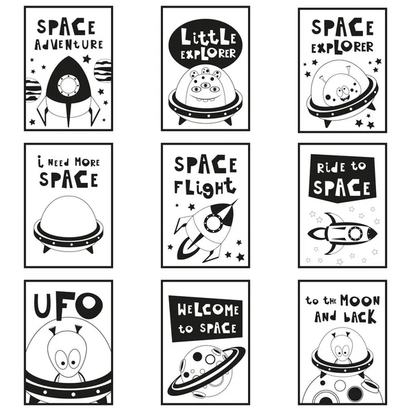 Monochrome Posters Set Cartoon Aliens Galaxy Monsters Shuttles Space Rockets — Stock Vector