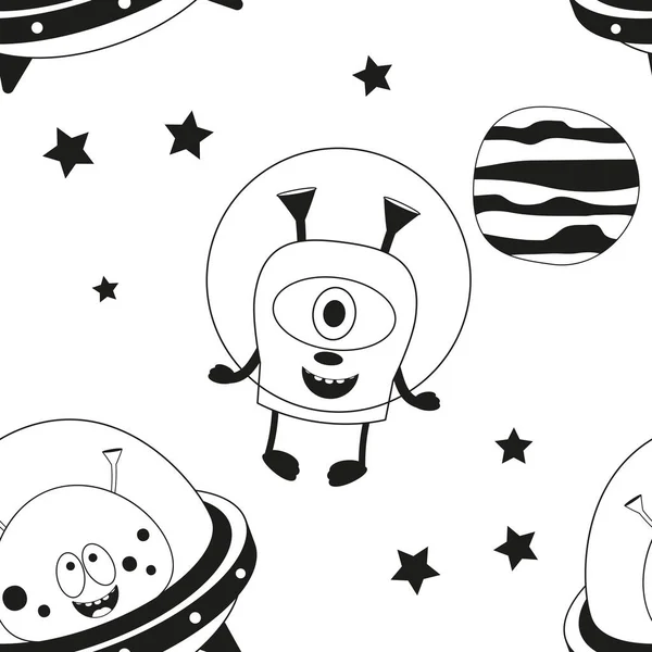 Funny Monsters Seamless Pattern Cute Aliens Outer Space Black White — Stock Vector