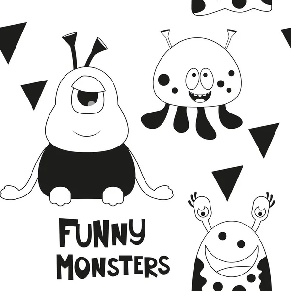 Space Seamless Pattern Cartoon Aliens 화이트 모노크롬 일러스트레이션 Print Wallpaper — 스톡 벡터