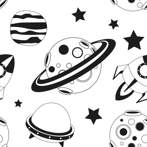 Space Seamless Vzor Cartoon Planets Rakety Black White Space Pozadí — Stockový vektor