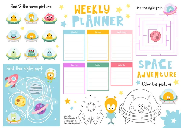 Funny Monsters Kids Weekly Planner Template Schedule Children Set Kids — Stock Vector