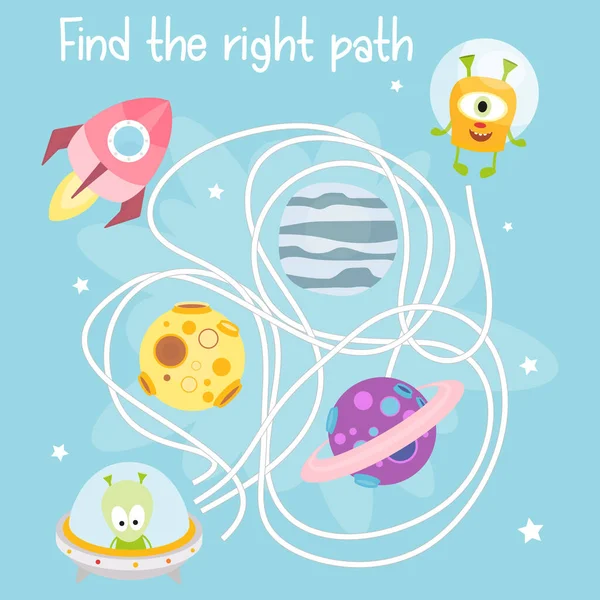 宇宙の迷宮 面白い宇宙モンスターが正しい道を見つけるのを助ける 就学前のためのゲーム 幼稚園 ベクトルイラスト 迷路ゲーム — ストックベクタ