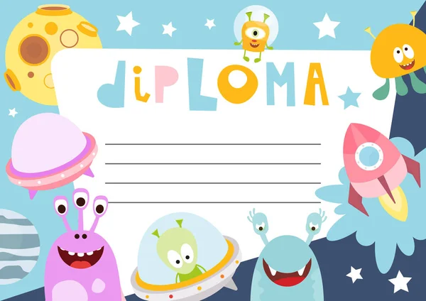 Certificado Crianças Diploma Tema Espaço Aliens Desenhos Animados Galaxy Monsters — Vetor de Stock