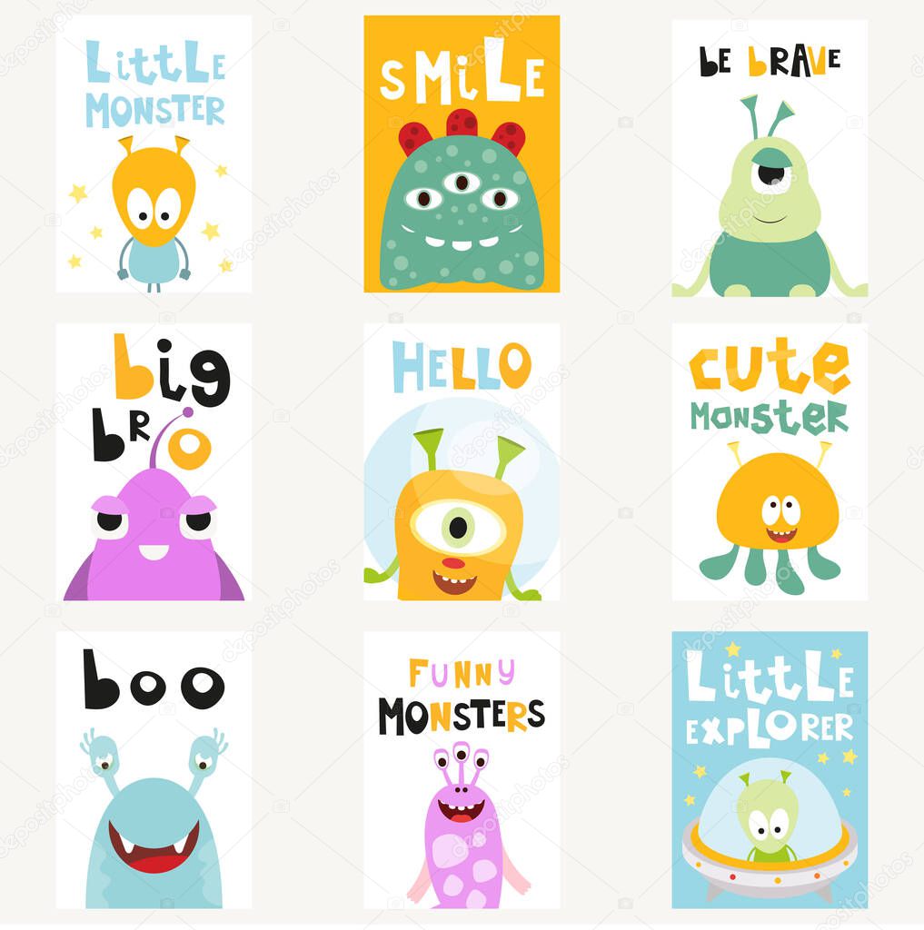 Funny Space Monsters Posters Set - Cartoon Aliens and Galaxy Monsters with Shuttles, Rockets and Spaceships. Kids Illustration for Baby Clothes, Greeting Card, Nursery Decor. Vector Illustration
