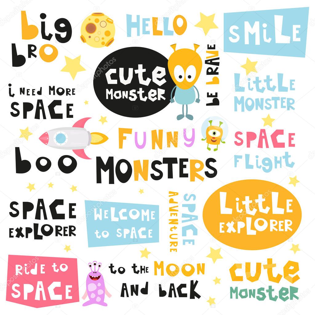 Space Phrases Set. Hand Drawn Motivation Quotes, Phrases and Words. Vector Illustration. 