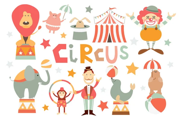 Grappige Circus Set Schattige Circus Dieren Leeuw Olifant Beer Aap — Stockvector