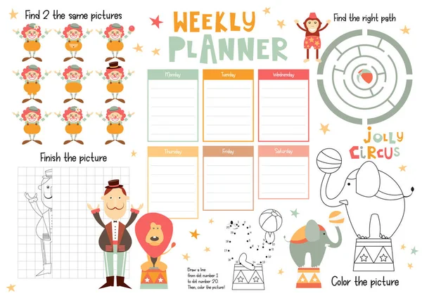 Jolly Circus Kids Weekly Planner Template Spielplan Für Kinder Puzzleset — Stockvektor