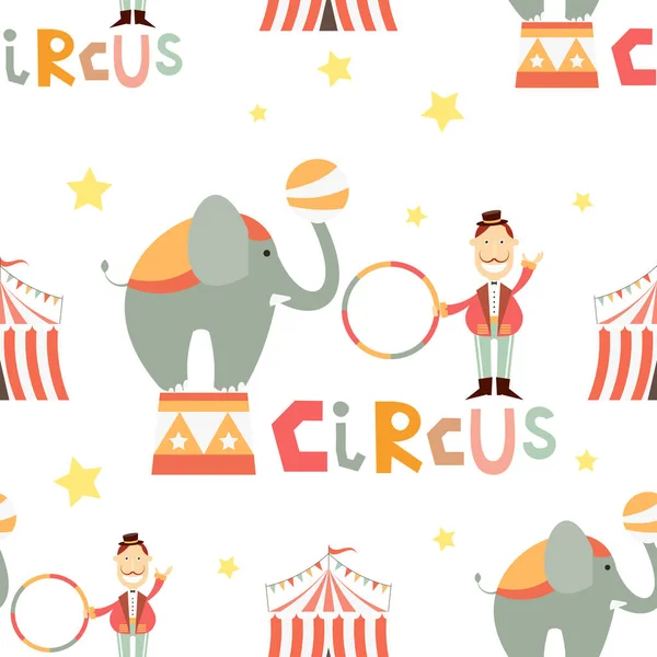 Circus Seamless Pattern Cartoon Circus Tamer Elephant Amusement Background Vector — Stock Vector