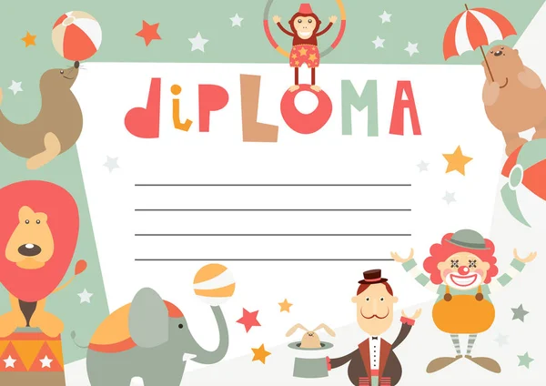 Zertifikat Kinderdiplom Circus Theme Cartoon Circus Figuren Und Objekte Vektorillustration — Stockvektor