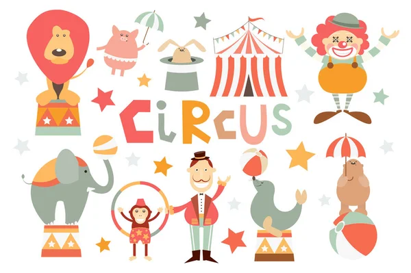 Αστείο Σετ Τσίρκου Χαριτωμένο Circus Ζώα Λιοντάρι Ελέφαντας Αρκούδα Μαϊμού Εικονογράφηση Αρχείου