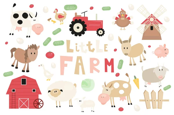 Farm Animals Objects Set Cartoon Clip Art Rustic Style Izolované — Stockový vektor