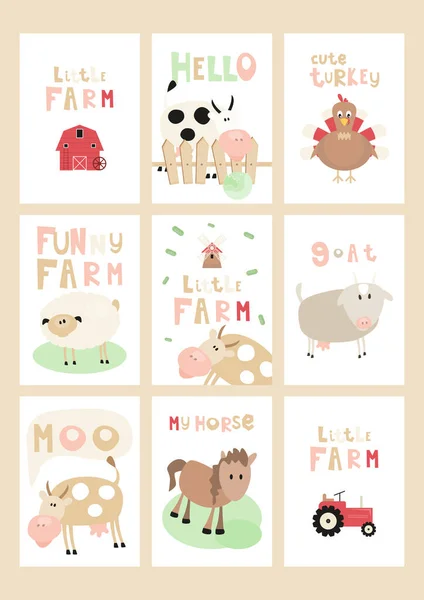 Little Farm Posters Set Cartoon Farm Animali Oggetti Fienile Trattore — Vettoriale Stock