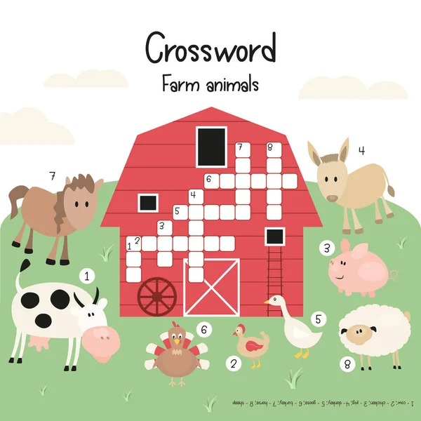 子供は英語でクロスワード 漫画かわいい農場動物と雑誌の本パズルゲーム 就学前のためのゲーム 幼稚園 ベクターイラスト — ストックベクタ