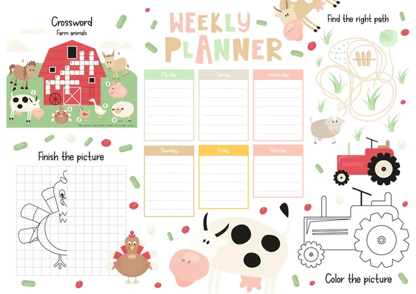 Little Farm Kids Weekly Planner Template Schedule Children Set Kids — Stock Vector