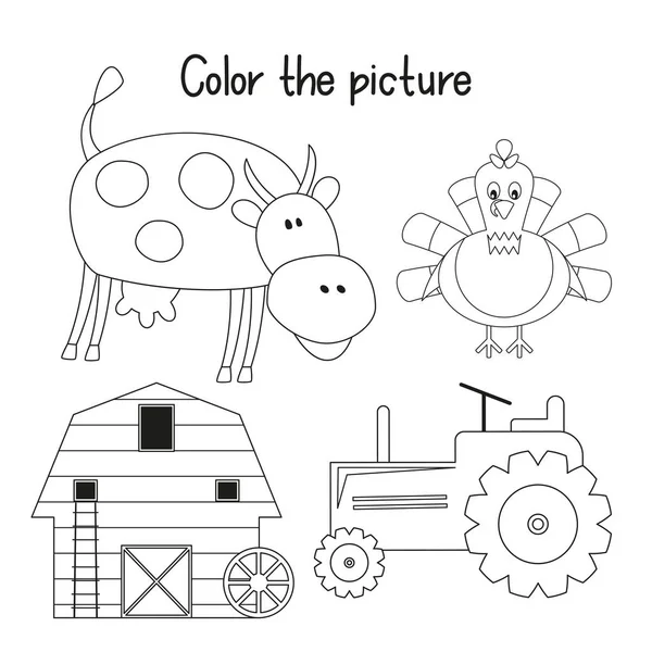 颜色的图片 儿童着色页 农场动物和物件 拖拉机 学前教育游戏 幼儿园 病媒图解 — 图库矢量图片