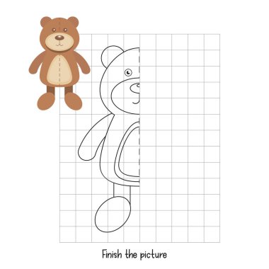 Resmi bitir - Ayı Oyuncağı. Anaokulu, anaokulu ve okul için mantık oyunları. Boyama sayfası. Vektör illüstrasyonu.