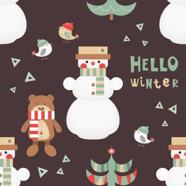 Noel desensiz - Sevimli Noel Karakterleri ve Nesneler - Kardan adam, Ayı, Ağaç, Kuşlar. Xmas karanlık arka plan. Duvar kağıdı için vektör baskısı, paketleme. Kırpma maskesi ve gradyan içerme.