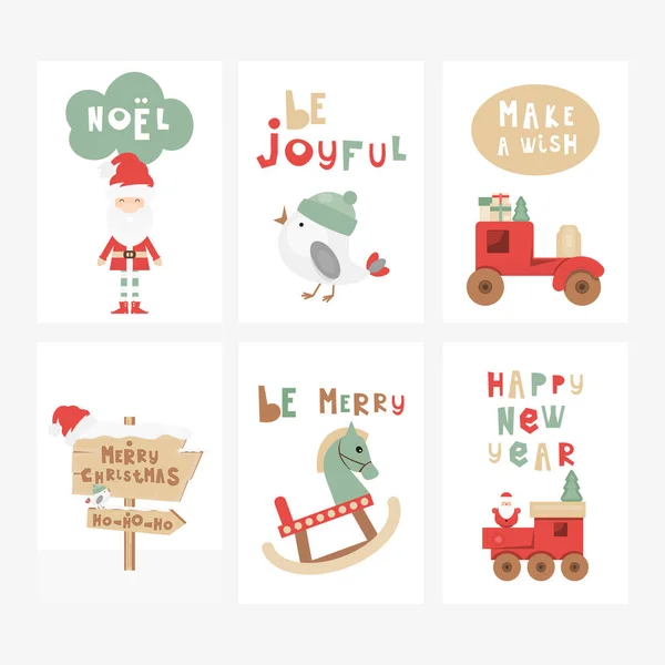 Conjunto Tarjetas Felicitación Carteles Navidad Personajes Objetos Navidad Dibujos Animados — Vector de stock