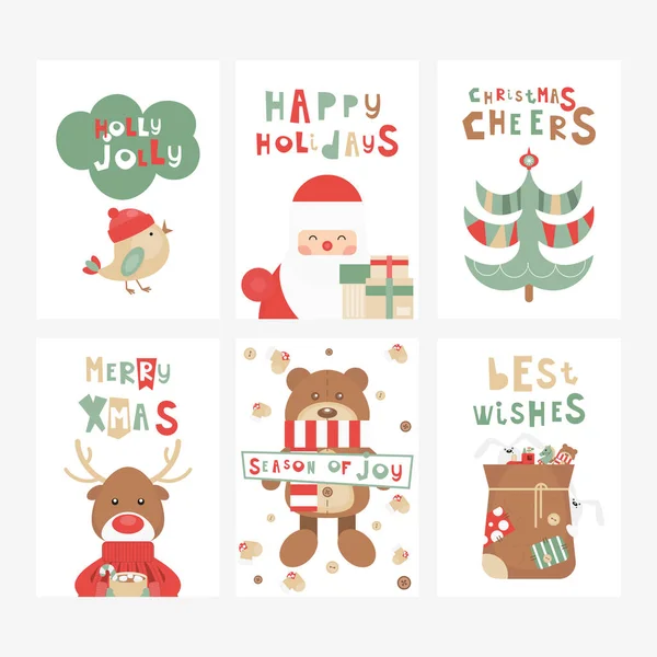 Świąteczne Kartki Okolicznościowe Lub Plakaty Kreskówki Bożonarodzeniowe Znaki Obiekty Santa — Wektor stockowy