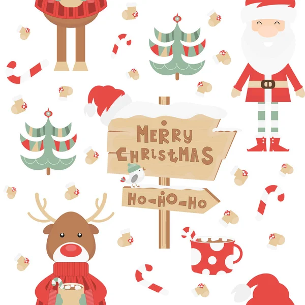 Christmas Seamless Pattern Cute Christmas Characters Objects Santa Reindeer Tree — Stock Vector