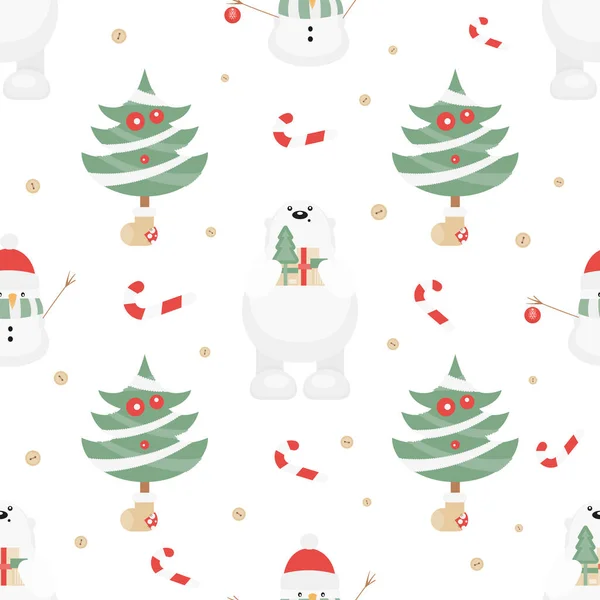 Karácsonyi Zökkenőmentes Minta Aranyos Karácsonyi Karakterek Tárgyak Jegesmedve Fák Hóember — Stock Vector