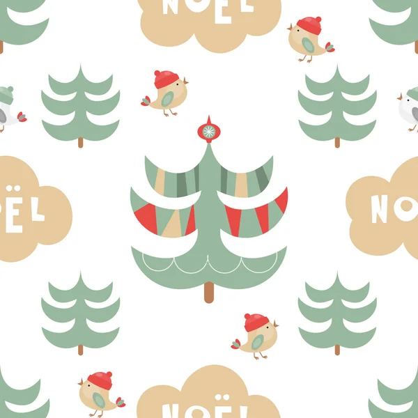 Kusursuz Noel Deseni Şirin Noel Karakterleri Nesneler Ağaçlar Kuşlar Harfler — Stok Vektör