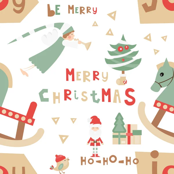 Christmas Seamless Pattern Симпатичные Рождественские Персонажи Объекты Санта Ангел Водяная — стоковый вектор