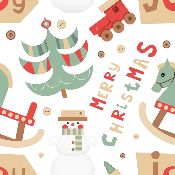 Vánoční Bezešvé Vzory Roztomilé Vánoční Postavy Předměty Dřevěné Hračky Sněhulák — Stockový vektor