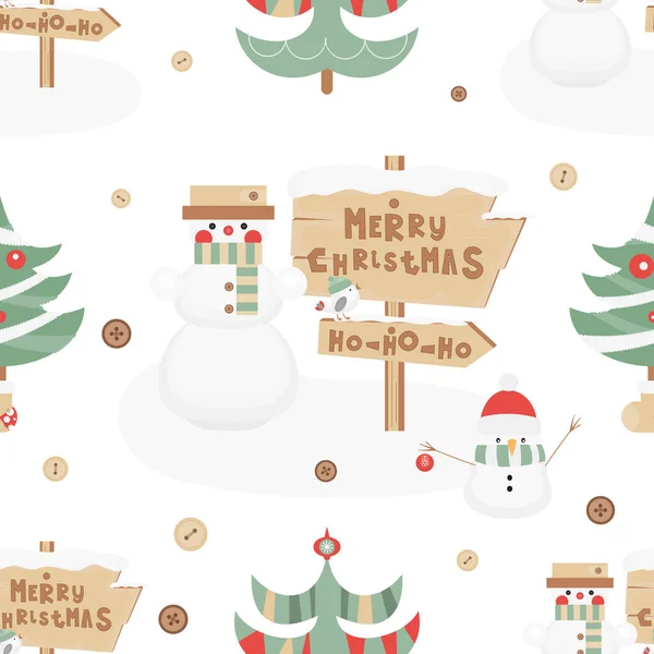 クリスマスのシームレスなパターン かわいいクリスマスのキャラクターとオブジェクト 雪だるま 看板や木 クリスマスの背景 壁紙用ベクトル印刷 パッキング クリッピングマスクとグラデーションは含まない — ストックベクタ