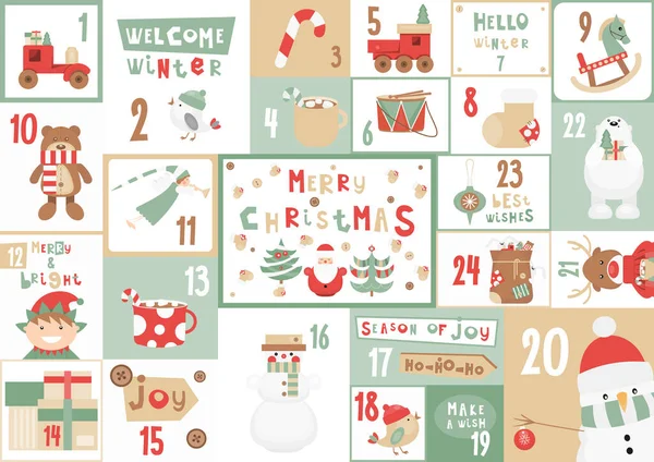 Adventskalender Kinderen Kerst Poster Met Cartoon Kerst Personages Symbolen Vector — Stockvector