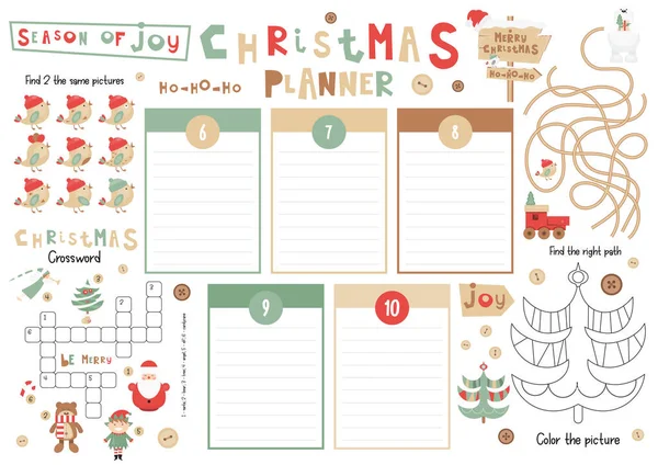 Christmas Kids Planner Template Schedule Children Set Kids Puzzles Preschool — Stock Vector