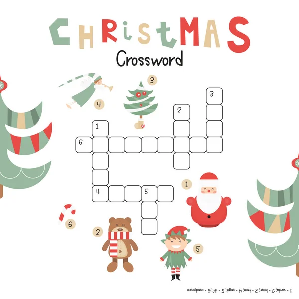 Christmas Kids Crossword English Puzzle Game Cartoon Christmas Characters Symbols — Stock Vector