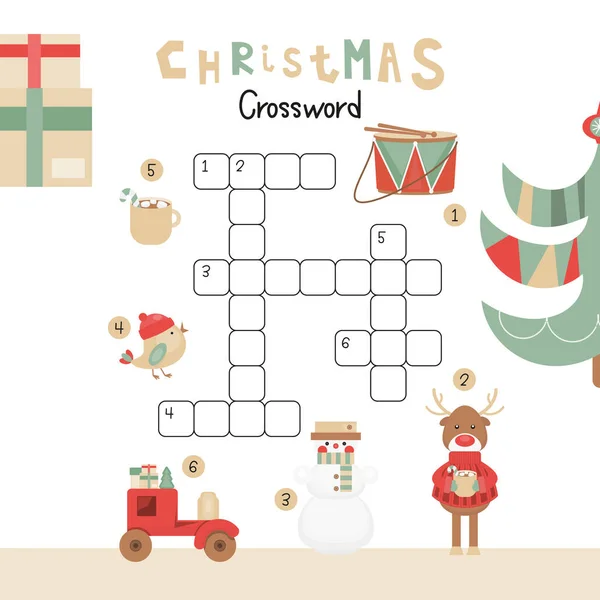 Christmas Kids Crossword English Puzzle Game Cartoon Christmas Characters Symbols — Stock Vector