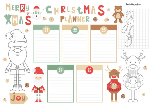 Natale Bambini Planner Template Programma Bambini Set Puzzle Bambini Scuola — Vettoriale Stock