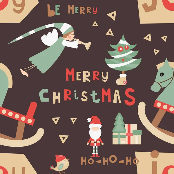 クリスマスのシームレスなパターン かわいいクリスマスのキャラクターとオブジェクト サンタ Xmasレトロな背景 壁紙用ベクトル印刷 パッキング クリッピングマスクとグラデーションは含まない — ストックベクタ