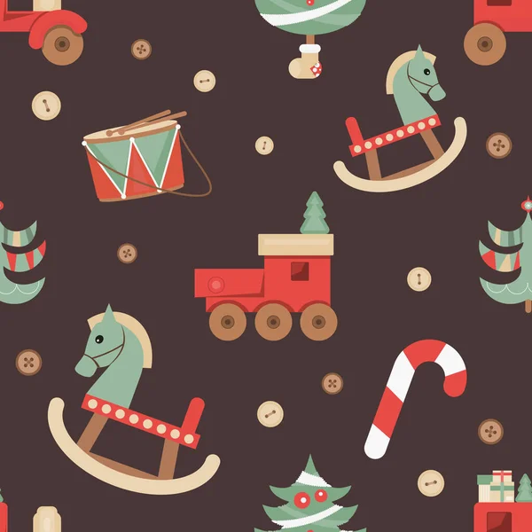 Vánoční Bezešvé Vzory Roztomilé Vánoční Postavy Předměty Dřevěné Hračky Strom — Stockový vektor